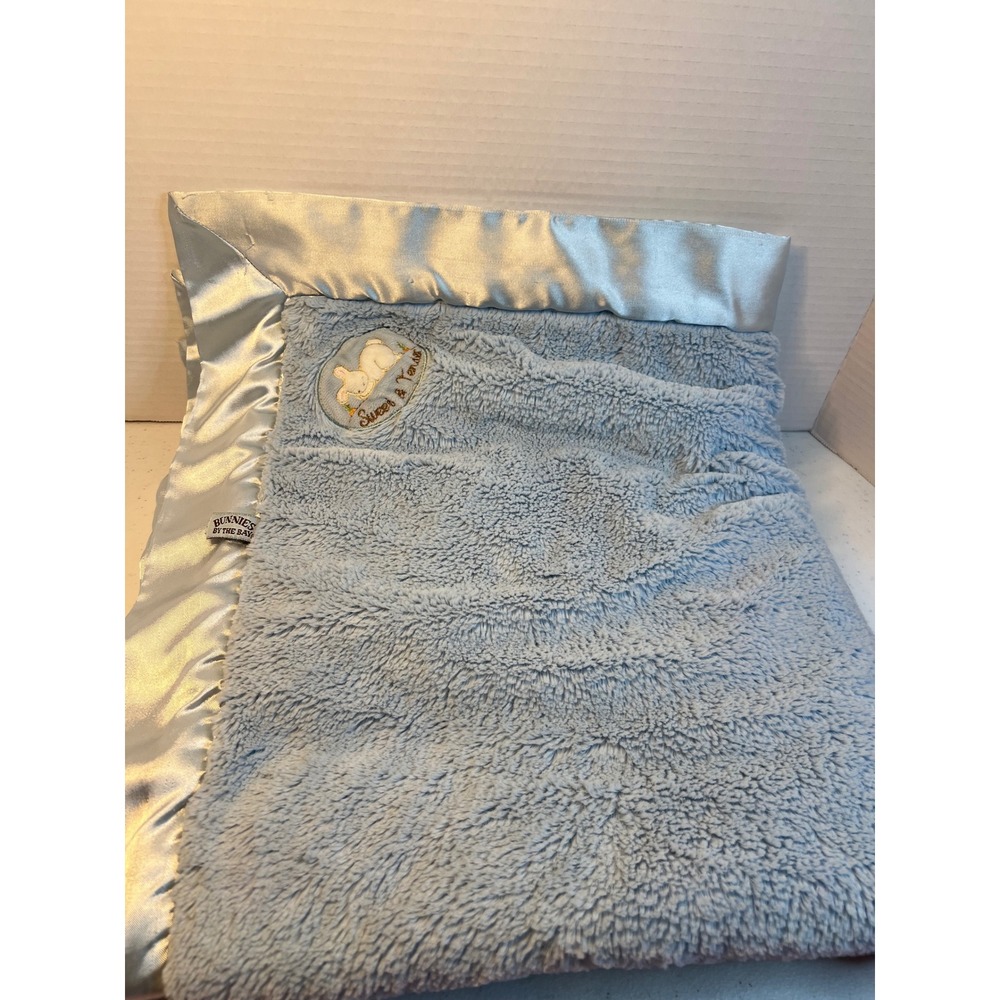 Bunnies By The Bay Sweet & Tender Blue Plush Satin Trim Baby Blanket 32x32